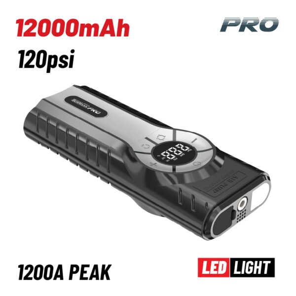 MULTI-FUNCTIONAL JUMP STARTER 1200A , POWER BANK 12000mAh ,WITH AIR PUMP MAX 120psi , LED