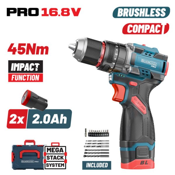 BORMANN Pro BBP1645X22CA CORDLESS IMPACT DRILL,COMPACT,BRUSHLES 16.8V,Li-Ion,2x2Ah,45Nm,
