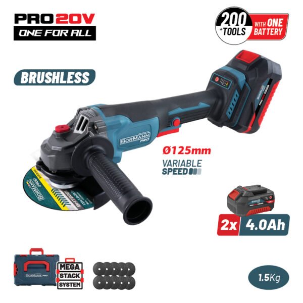 BORMANN Pro BBP3651X44CA CORDLESS ANGLE GRINDER BRUSHLESS 20V ,3000/5400/8000rpm, 2x4.0Ah