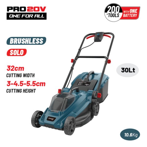 BRUSHLESS LAWN MOWER, 20V, Li-Ion, CUT. WIDTH 32cm, TANK 30L, ADJ. HEIGHT 30-55mm, WHEELS 130/130mm,