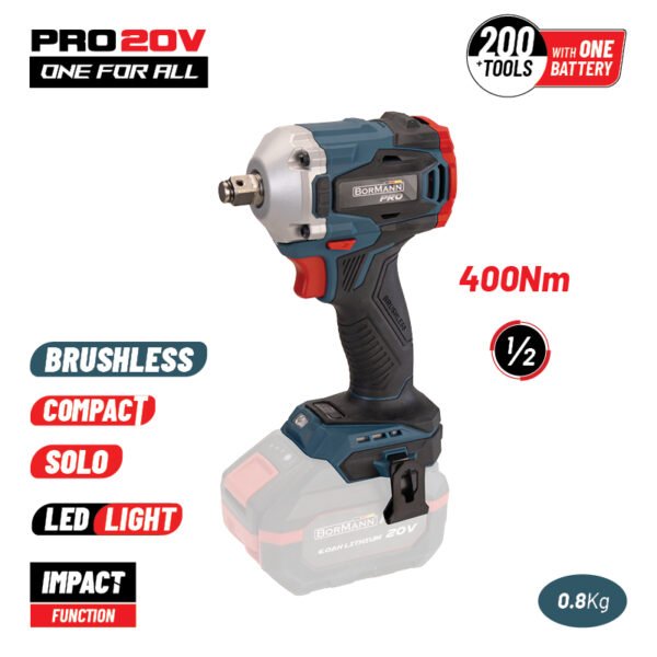 IMPACT WRENCH COMPACT, BRUSHLESS 20V,Li-Ion, 400ΝΜ, 0-1800/0-2200/0-2600rpm, SOLO