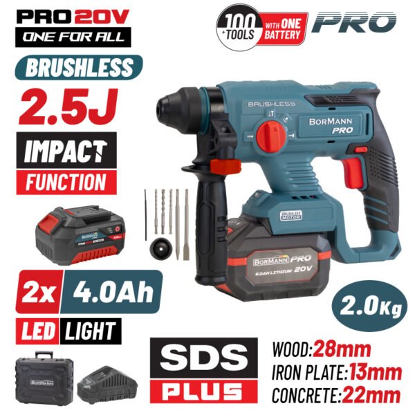 BORMANN Pro BBP5301X44CA CORDLESS BRUSHLESS ROTARY HAMMER 20V,Li-Ion,2x4Ah SDS-PLUS,2.5J, BMC