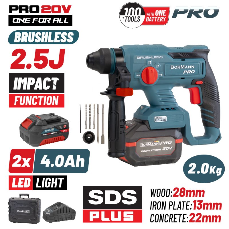 BORMANN Pro BBP5301X44CA CORDLESS BRUSHLESS ROTARY HAMMER 20V,Li-Ion,2x4Ah SDS-PLUS,2.5J, BMC
