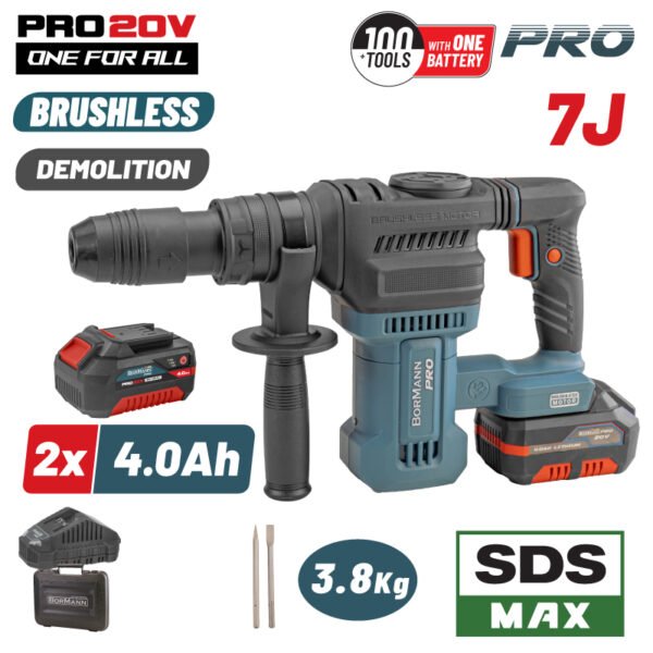 BORMANN Pro BBP5311X44CA CORDLESS BRUSHLESS DEMOLITION HAMMER 20V,2x4.0Ah,SDS-MAX,,7J & BMC