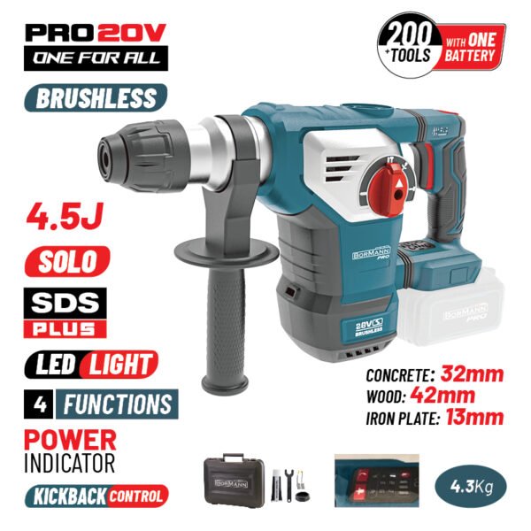 BORMANN PRO BBP5335 CORDLESS BRUSHLESS ROTARY HAMMER 20V SDS-PLUS BRUSHLESS 20V,BMC CASE, SOLΟ
