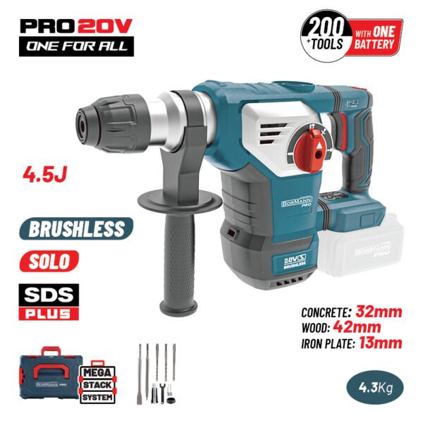 BORMANN PRO BBP5335 CORDLESS BRUSHLESS ROTARY HAMMER 20V SDS-PLUS BRUSHLESS 20V,4.5J,0-760rpm, SOLΟ