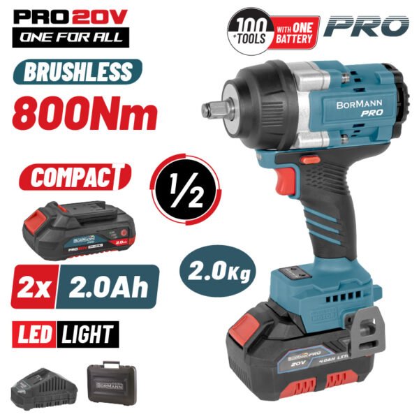 BORMANN Pro BBP5386X22C CORDLESS BRUSHLESS IMPARCT WRENCH 20V ,Li-Ion,2x2.0Ah,800Nm& CASE