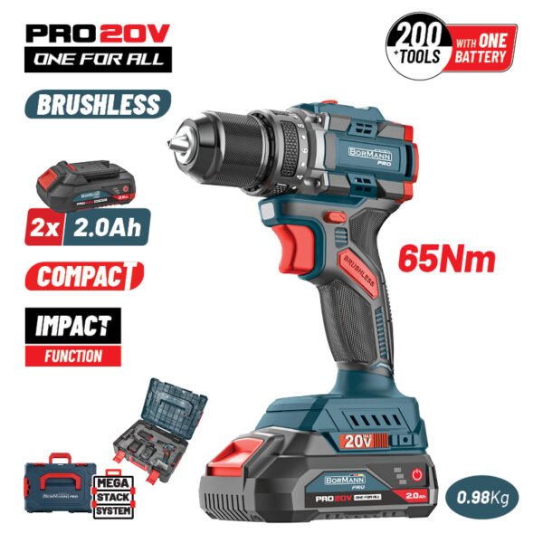 BORMANN PRO BBP5401 CORDLESS IMPACT DRILL, COMPACT, BRUSHLESS 20V, 2X2ah Li-Ion, 65Nm