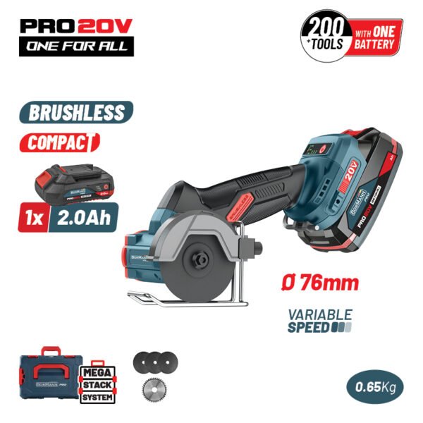 BORMANN Pro BBP5418X2CA MINI CORDLESS ANGLE GRINDER BRUSHLESS 20V,0-7000/14000/20000rpm,1x2Ah