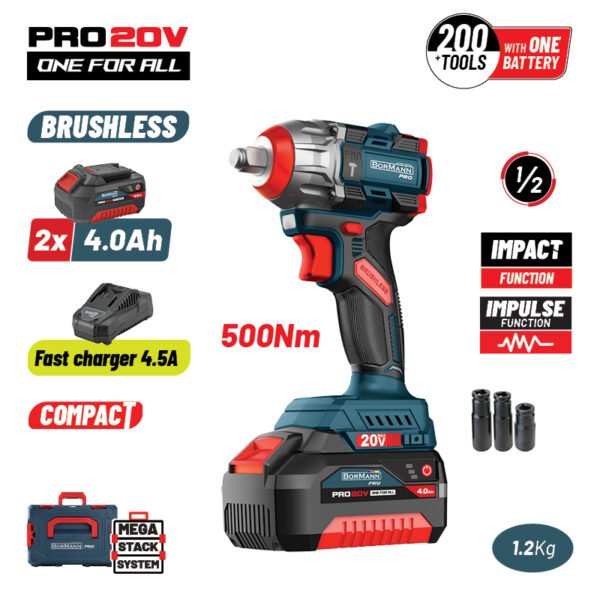 BORMANN PRO BBP5422X44CA CORDLESS IMPACT WRENCH, COMPACT, BRUSHLESS 20V, Li-Ion,2x4.0Ah, 500Nm, BMC