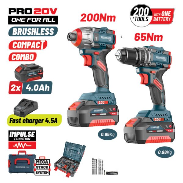 BORMANN Pro BBP5431X44T2CA SET COMPACT CORDLESS IMPACT DRILL & IMPACT DRIVER BRUSHLESS