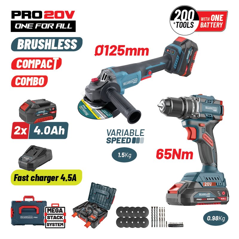 BORMANN PRO BBP5433X44T2CA SET COMPACT CORDLESS IMPACT DRILL,BRUSHLESS & ANGLE GRINDER,BMC