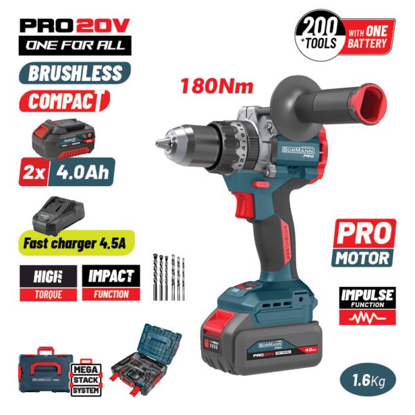 BORMANN Pro BBP5461X44CA CORDLESS IMPACT DRILL,COMPACT,BRUSHLESS 20V,Li-Ion,2x4.0Ah
