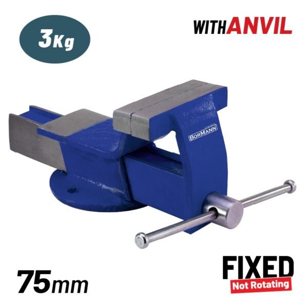 STEEL VICE, FIXED BASE WITH ANVIL 75mm, 3Kg