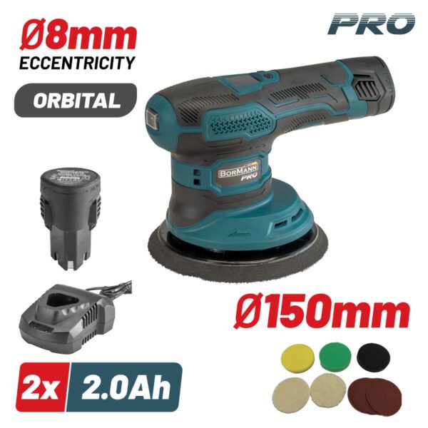ORBITAL CORDLESS POLISHER & SANDER 12V ,150mm , 8mm , 2000-4500rpm , LED DISPLAY 2x2Ah , ACCESSORIES