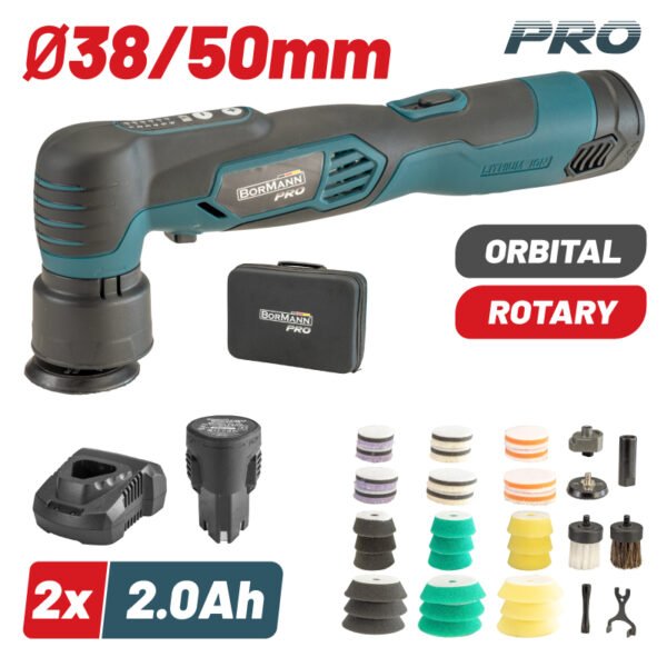 ORBITAL/ROTARY MINI CORDLESS POLISHER 12V , 38/50mm , 3/12mm , 2000-5000rpm , 2x2Ah , CASE WITH ACCE