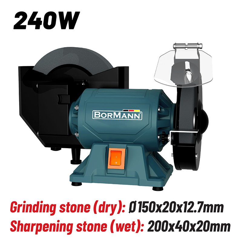 BENCH GRINDER 240W, DRY WHEEL SIZE 150x20x12,7mm, 200x40x20mm WET WHEEL SIZE, 2980/min, 134/min