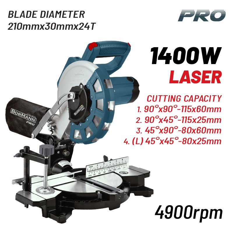 BORMANN Pro BDX2135 MITER SAW SINGLE BEVEL COMPOUND Φ210x30mm 24T,1400W,4900rpm,LASER