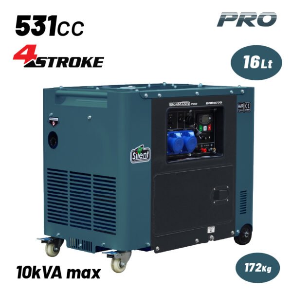 BORMANN Pro BGB9770 DIESEL GENERATOR RATED OUTPUT 6500W, 531cc, E-START, BATTERY, AVR, 72dB, WHEELS