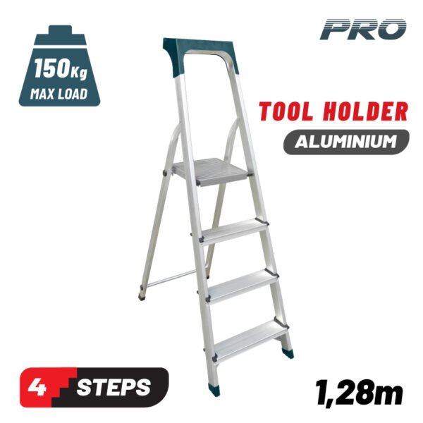 ALUMINUM LADDER 3+1 STEPS WITH TOOL TRAY, SLIP-RESISTANT FEET, SAFETY RAIL & BELTS