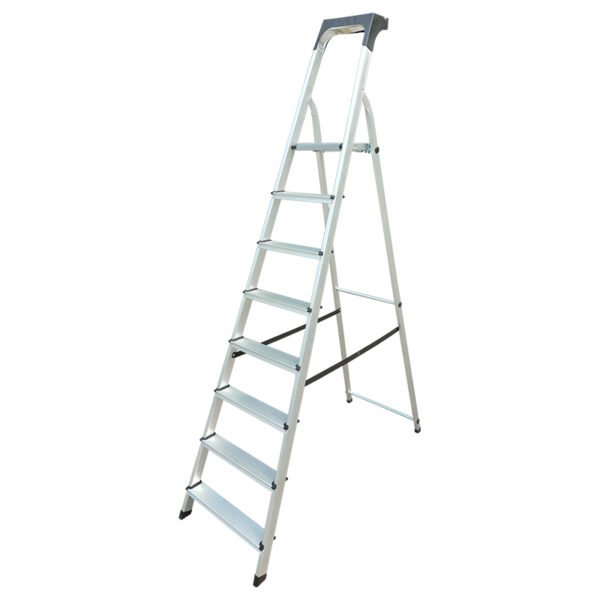 ALUMINUM LADDER 7+1 STEPS WITH TOOL HOLDER, SLIP-RESISTANT STEPS AND FEET, SAFETY RAIL & BELTS