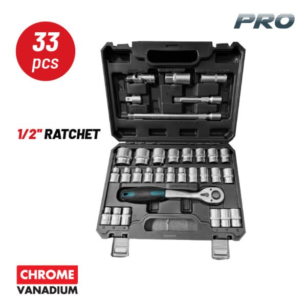 33pcs RATCHET AND SOCKET SET 1/2", CRV