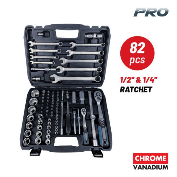 82pcs RATCHET AND SOCKET SET 1/4'' & 1/2" AND COMBINATION WRENCHES,CRV