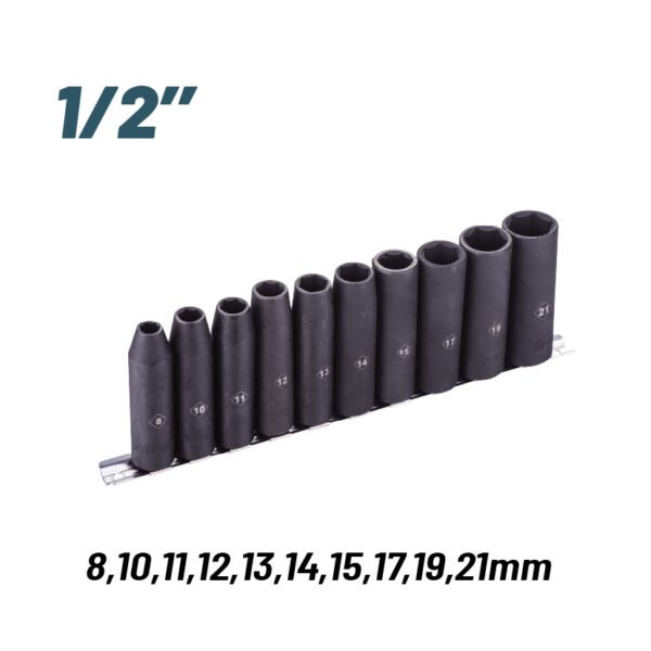 1/2" DEEP IMPACT SOCKETS SET 8,10,11,12,13,14,15,17,19,21mm, 10PCS