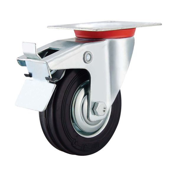 Top plate swivel Industrial rubber caster with Brake, wheel φ200, load 180Kg, Η240mm plate 129x102m