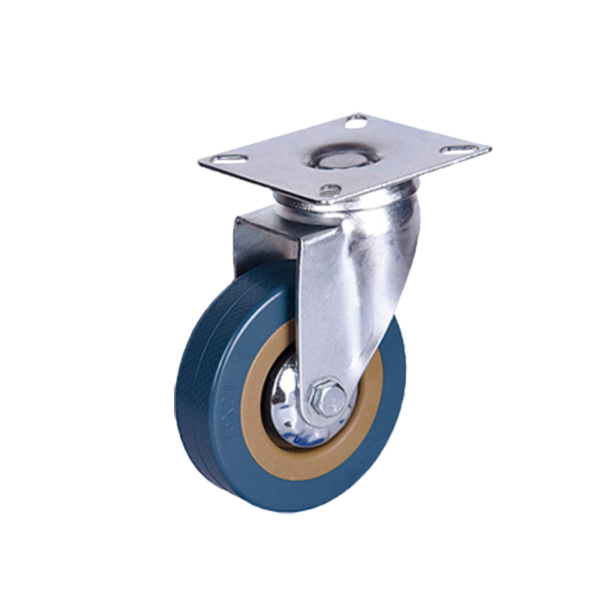 Top plate swivel blue PVC caster , wheel φ100, load 75Kg, Η129mm plate 76x76mm