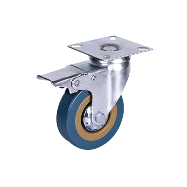 Top plate swivel blue PVC caster with brake, wheel φ100, load 75Kg, Η129mm plate 76x76mm