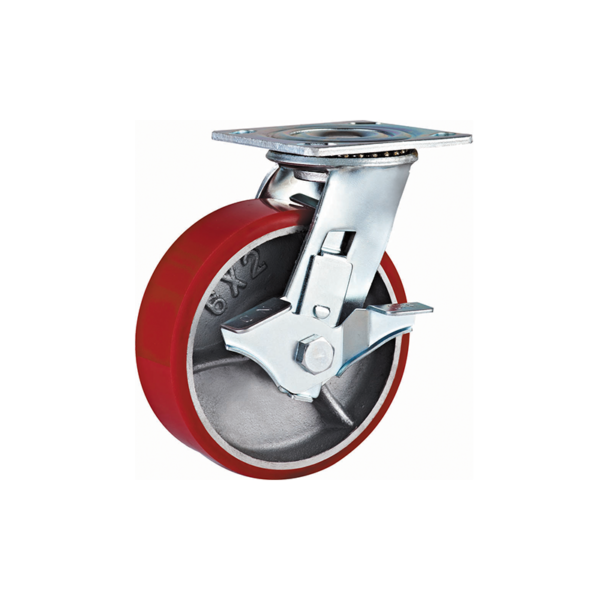 Top plate swivel PU cast iron caster with Brake, wheel φ100, load 270Kg, Η143mm plate 113x110mm
