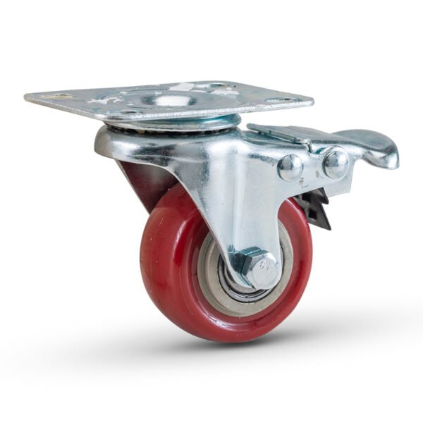 Top plate swivel RED PVC caster with brake, wheel Φ50, load 70Kg, Η62mm plate 70x50mm