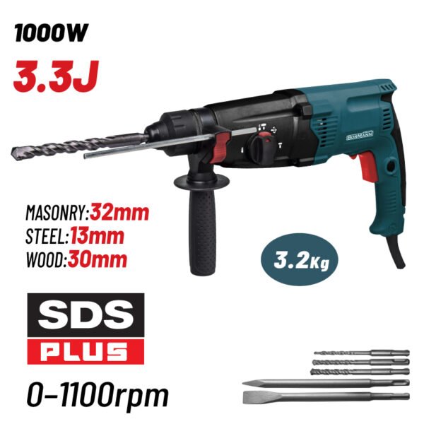 BORMANN BPH3015 ROTARY HAMMER SDS-Plus, 1000W, 3.3J, 0-1100rpm & BMC