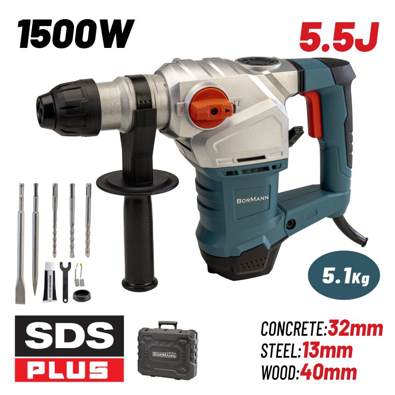 ROTARY HAMMER 1500W, SDS-PLUS,5.5J,5.1Kg,BMC CASE AND ACCESSORIES