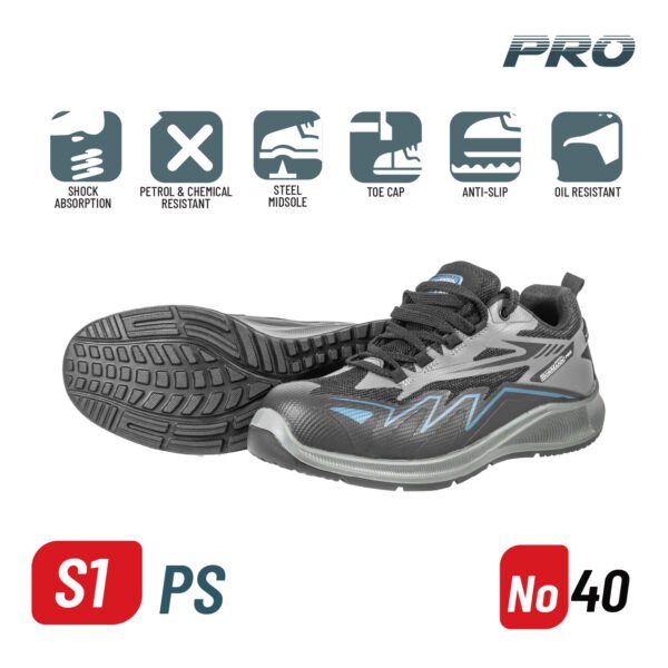 BORMANN Pro BPP8280 SAFETY SHOES S1PS, DARK GREY-BLACK, MESH-TPU, PACIFIC, No 40