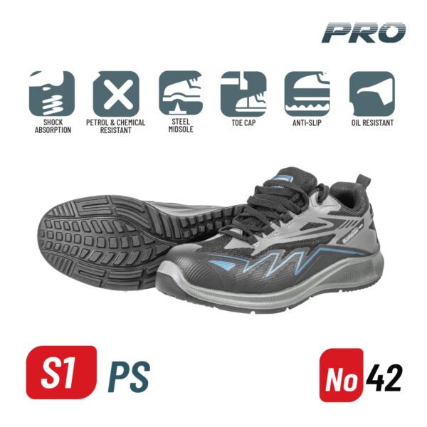 BORMANN Pro BPP8282 SAFETY SHOES S1PS, DARK GREY-BLACK, MESH-TPU, PACIFIC, No 42