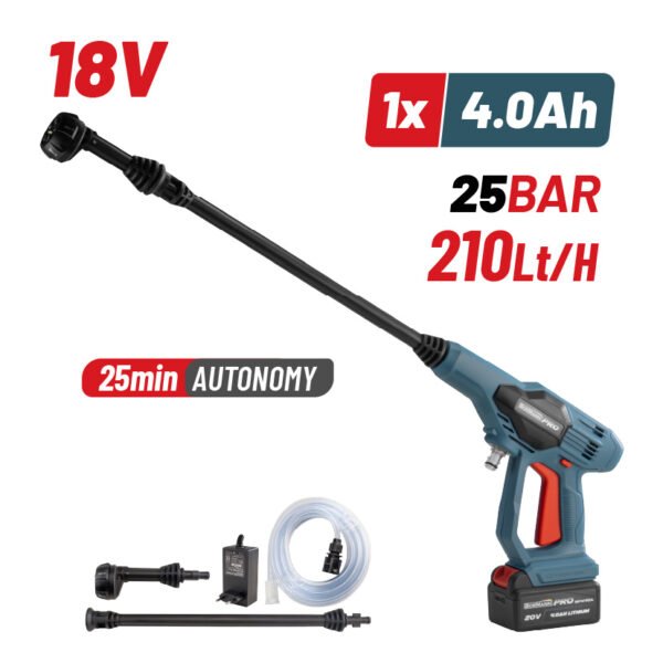 CORDLESS WASHER 25BAR, 180lt/h , 1.7kg , 5 SETTINGS NOZZLE, BATTERY 4.0Ah , CHARGER