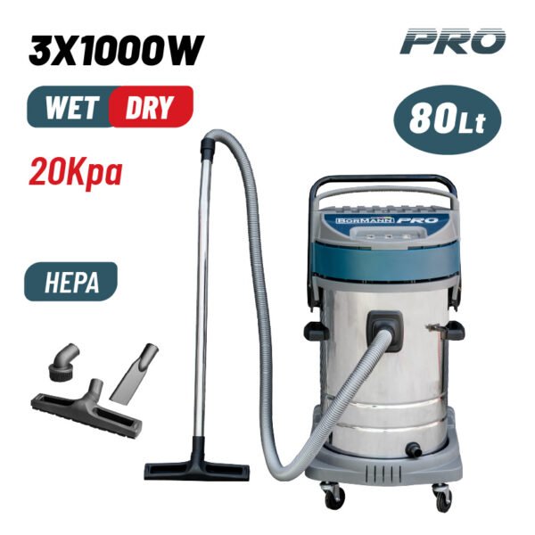 PROFESSIONAL WET & DRY VACUUM CLEANER, 3x1000W MOTOR, STAINLESS STEEL 80LT BUCKET, DRAINING PIPE AND