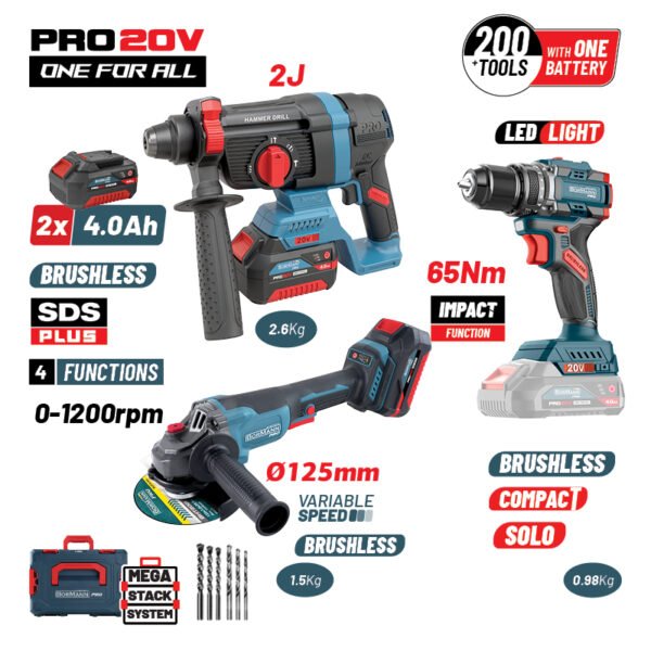 BORMANN PRO SET COMPACT CORDLESS IMPACT DRILL,BRUSHLESS,65Nm&ANGLE GRINDER BRUSHLESS VARIABLE