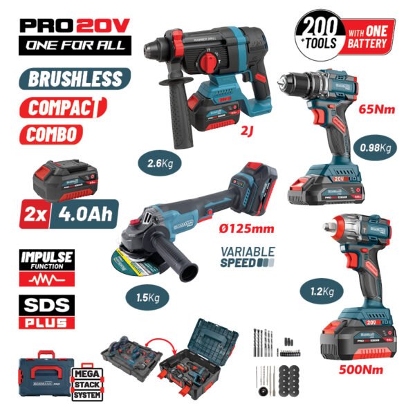 BORMANN Pro BBP5438X44T4CASET COMPACT BRUSHLESS CORDLESS DRILL,ANGLE GRINDER, ROTARY HAMMER & WRENCH