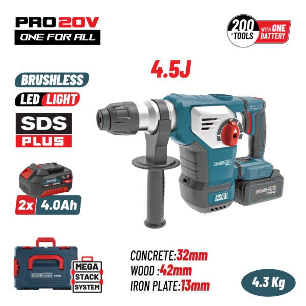 BORMANN PRO BBP5337X44CA CORDLESS BRUSHLESS ROTARY HAMMER 20V SDS-PLUS BRUSHLESS 20V,4.5J,0-760rpm
