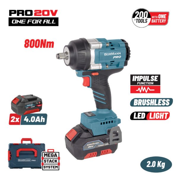 BORMANN Pro BBP5388X44CΑ CORDLESS BRUSHLESS IMPARCT WRENCH 20V ,Li-Ion,2x4.0Ah,800Nm& CASE