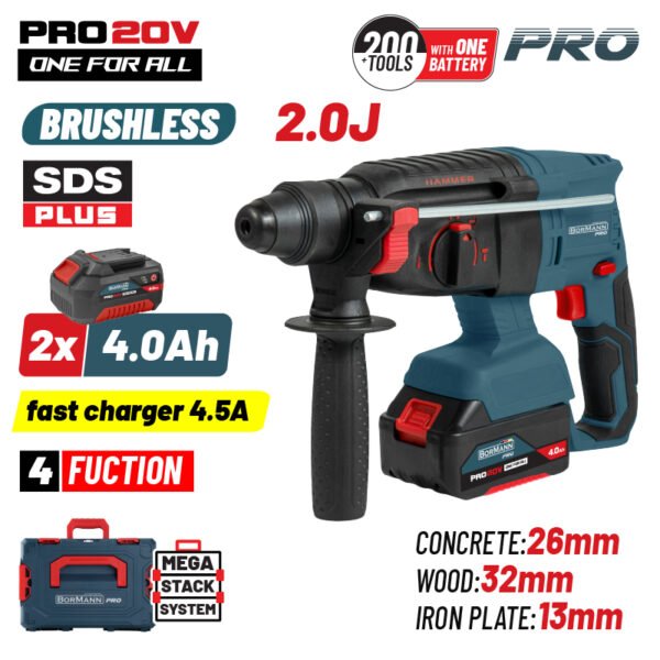 BORMANN Pro BBP5416X44CA CORDLESS BRUSHLESS ROTARY HAMMER 20V SDS-PLUS,2.0J,0-1200rpm,2x4Ah