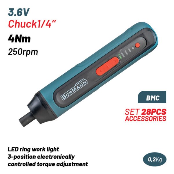 CORDLESS SCREWDRIVER 3,6V,Li-Ion,4Nm,250rpm,3 TORQUE SETTINGS,LED Light,ΒΜC,SET 28pcs ACCESSORIES
